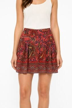 Cacharel 100% Silk Paisley Pleated Mini Skirt Red Multicolor Size 4 Boho Indie